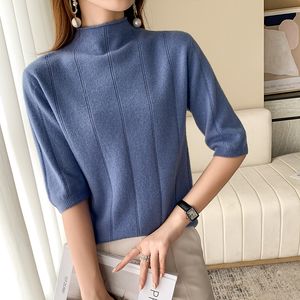 Camiseta feminina 100% de lã pura outono de mangas curtas e camiseta de inverno Mulheres Mulheres meio altas Pullover de malha casual Top Women Sweater 230320