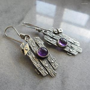 Orecchini pendenti etnici rotondi viola zirconi cristallo CZ Gancio vintage Boho color argento guardrail in metallo intagliato per le donne