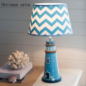 Bordslampor Medelhavet Blue Lighthouse Lamp Children's Room Boy Bedroom Bedside Creative Warm LED Decorative