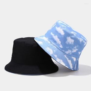 Berets 2023 Cotton Blue Sky And White Clouds Print Bucket Hat Fisherman Outdoor Travel Sun Cap For Men Women 05