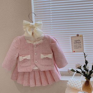 Clothing Sets Toddler Girl Tweed Outfit Kids Winter Autumn Long Sleeves Princess Pink Skirt Bow Jacket Skirt Suit Birthday Party Clothes 230317