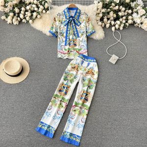 Womens Two Piece Pants 2 Piece Sets Womens Outfits Temperament Suit Style Ladies Shirt Retro Print High Waist Wide Leg Pants Fashionable Suit 230320