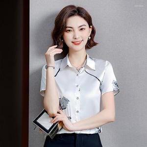 Women's Blouses Korean Silk Women Shirts Woman Satin Floral Shirt Office Lady Print Tops Blouse