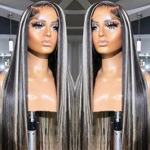 Rak färgad spets främre mänskliga hår peruk silvergrå och svart markera peruk syntetiska spets frontala peruker för kvinnor