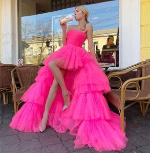 Hot Pink Fuchsia Prom Dress 2023 Strapless High Low Long Tulle Women Evening Formal Party Gowns Birthday Elegant Robe de Soiree