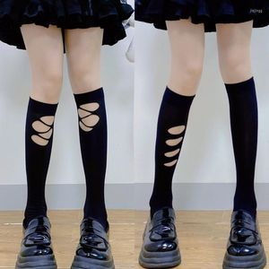 Calzini da donna JK Calze da donna Carino Nero Bianco Lolita Lungo Solido Ginocchio Foro alto Asimmetria Ragazze Kawaii Cosplay Nylon sexy