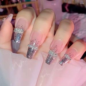 Falska naglar 24 st/set avtagbar falsk strass dekal silverglitter med lim bröllop brud ballerina nagelkonst fulltips