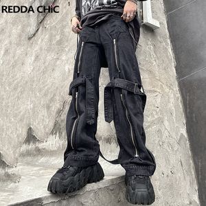 Mäns jeans reddachic hiphop män rak openzipper knä tie baggy mörk punk cyber y2k grunge streetwear harajuku manliga kläder 230320