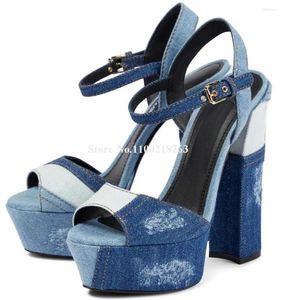 Sandals Est Light Blue Patchwrok Dark Denim Chunky Heel Peep Toe High Platform Ankle Strap Thick Dress Shoes