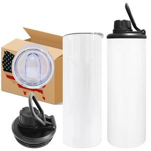 USA SHIP 20oz Sublimation sports water bottle with 2 lids Straight blank white tumblers for outdoor Stainless steel vacuum insulated cup 30pcs/case