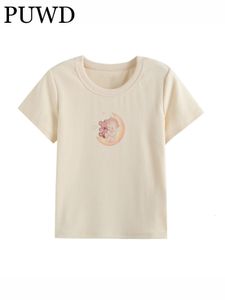 Camiseta feminina Puwd bege desenho animado Tees estampado Moda de primavera o pescoço de algodão macio T-shirt Mulheres chiques vintage Tops 230320