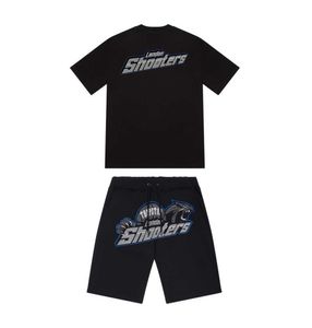 Summer new Trapstar London shooter short-sleeved t shirt suit chenille decoding black ice flavor Motion current round neck T-shirt shorts 38ess