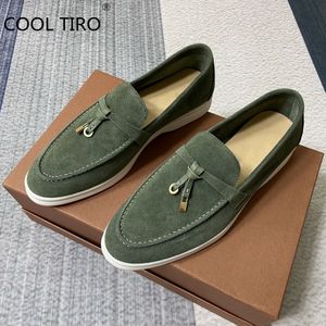 Kleid Schuhe Wildleder Frauen Flache Sommer Spaziergang Mokassin Echtes Leder Weiche Metall Quaste Frau Loafers Kausalen Fahren Mule Armee Grün 230320