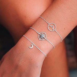 Armreifen 3pcs/Set Compass Mountain Circle Charms Silber Metallkettenarmbänder für Frauen Mode einstellbare tägliche Partyschmuck