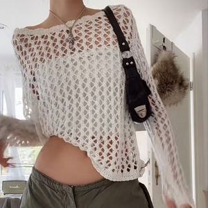 Women's TShirt COLDYINGAN Casual White Sweater Pullovers Hollow Out Fishnet Summer Loose Smock Long Sleeve Y2k Holes Shirt Women Harajuku 230317