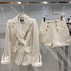 Women Dwuczęściowe spodnie jesienne zima Odkręć kołnierz podwójnie piersi metalowe guziki Slim Blazer Tweed Shorts Zestaw kobiet GC658