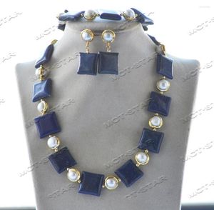 Kolye Kolye Z12472 Set 20mm Mavi Kare Para Lapis Lazuli İnci Kolye Bilezik Küpe