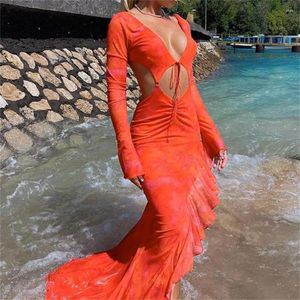 Casual Dresses Puloru Tie-Dyed Print Ruffle Trim Beach Dress 2023 Spring Summer Women Sexig långärmad Deep V Cutout-bindning