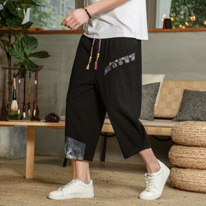 Calça masculina linho de algodão japonês harem verão respirável cortada para fitness de cintura elástica casual 230317