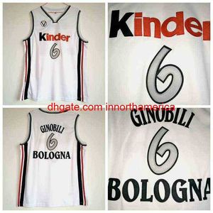 Maglia Manu Ginobili # 6 Virtus Kinder Bologna Maglie da basket europee da uomo cucite bianche Camiseta De Baloncesto