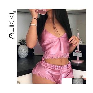 Women's Sleepwear Womens Ladies Sexy 2 Piece Satin Silk Pajama Set Sleeveless Pyjamas Sleep Shorts Lace Pijama Suit for Women Nighti Dh6go