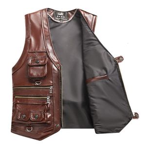 Men's Vests Genuine Leather Vest Keep Warm In Autumn and Winter Top Layer Cowhide Spring Multiple Pockets Pography 230320