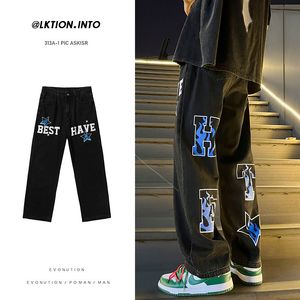 Mäns jeans koreansk stil soring brev tryckt denim byxor män streetwear tvättade jean byxor neutral hip hop lossa raka casual jeans 230320