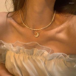 Pendant Necklaces Double-Layer Clavicle White Stainless Steel Silver Gold Moon Necklace For Women Girls
