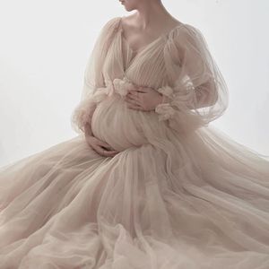 Maternity Dresses Mesh For Po Shoot Long Sleeve Tulle Floral Maxi Gowns Pregnant Women Pography Pregnancy Shooting Dress 230320