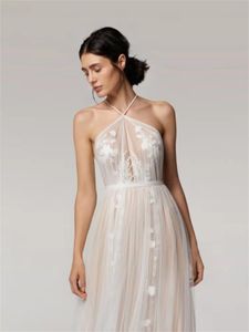 Nuovo abito da sposa leggero senza maniche in pizzo francese con collo sospeso e cinturino dolce LD5006