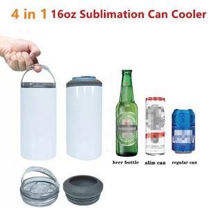 New 16oz 4 in 1 Sublimation Can Cooler Straight Tumbler Stainless Steel Can Insulator Vacuum Insulated Bottle Cold Insulation