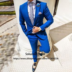 Erkekler Suits Blazers Moda Kraliyet Mavi İnce Fit Erkekler 2 Parça Ceket Pantolon Damat Düğün Smokin Resmi Blazer Maskulino Kostüm Hom