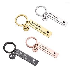 Keychains 2pcs/lot Drive Safe Keychain Stainless Steel Rectangle Bar Keychian With Letter M Initials Customized Gift Keyring