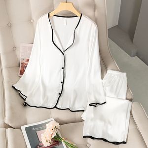 Women's Sleepwear Pajamas Women Sleepwear Spring Summer Thin Ice Silk Satin Loungewear Trouser Suits Solid White Black Edge Long Sleeve Home Wear 230317