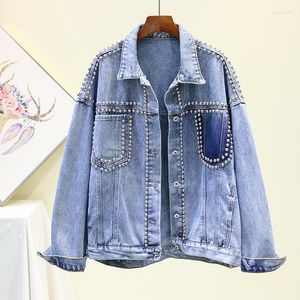 Kvinnors jackor vintage kvinnor jacka fin höst vinter denim tvättade blå nit jeans kappa avslag krage outwear bombare p818