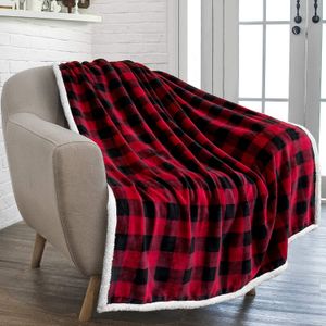 Blankets Plaid Sherpa Blanket Throw Red Black Checkered Flannel Fleece Blanket for Couch Bed Fluffy Warm Soft Christmas Plush Microfiber 230320