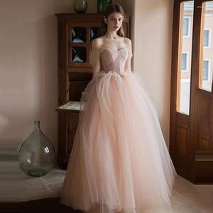 Abiti da festa Vintage Blush Pink Tulle Prom Dress Elegante Illusion Off The Shoulder A-line Applique Beading Light Women 2023