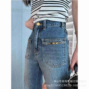 Women's Jeans Designer New Pocket Metal Chain Letter Washed High Waist Slim Straight Leg Fashion I96U