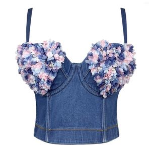 Canotte da donna Canottiere in denim per donna con reggiseno incorporato Jeans Bustier a fiori 3D Corsetto corto Top da indossare Moda coreana High Street