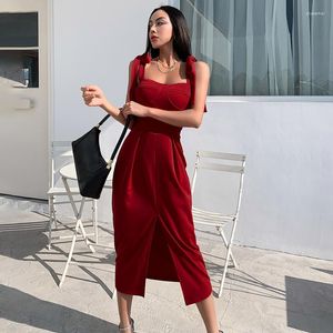 Casual Dresses Women Sexy Suspender Dress Solid Color Boat Neck Sleeveless Split One-piece Black/ Wine Red/ White