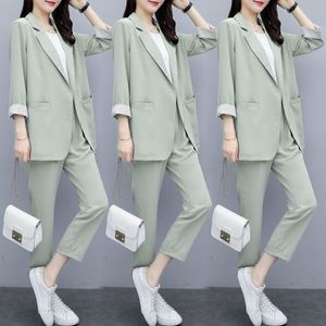 Women's Suits Blazers Vintage Women Pant Suit Women Casual Fashion Light Green Notched Blazer Jacket Pant Office Wear Women Suits Female Sets 230320