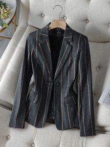 Women's Suits Blazers Black Gray Stripe Business Work Wear Blazer Women Spring Autumn Long Sleeve One Button Slim Coat Jacket 230320