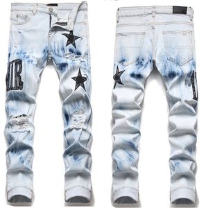 Мужские джинсы дизайнерские джинсы для мужчин буквенная звезда мужские перфорированные вышивки лоскутное рваные трендовые брендовые мотоциклетные брюки мужские узкие модные эластичные облегающие брюки