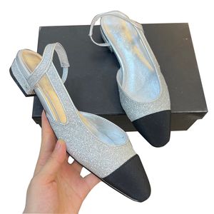 Womens Dress Shoes With Low Chunky Heels Ballet Shoes Slip On Sandals Classic Silver Golden Glittered Tulle Loafers Grosgrain Wedding Shoe Ladies Luxurys Slippers