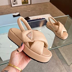 Designer Platform Sandals Cowhide Leather Triangle Women Sandles Summer Shoes White Black Sling Back Muffin Sandales With Box