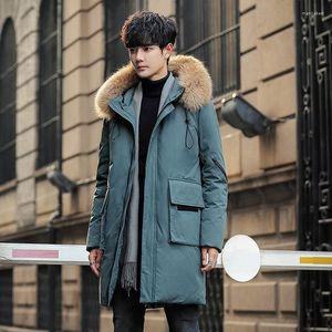 Men's Down 2023 Mid Length Jacket White Duck Thickened Casual Korean Hooded Raccoon Dog Fur Collar Coat For Men