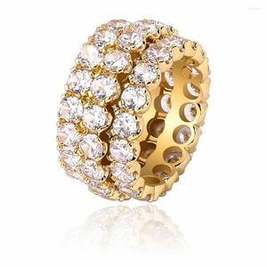 Cluster Rings 3 rad Solitaire Men's Ring Copper Charm Gold Silver Color Cubic Zircon Iced Fashion Hip Hop smycken för män