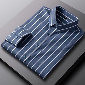 Erkekler Sıradan Gömlek Erkek Moda Hafif Strech Rahat Çizgili Elbise Gömlek Cep Uzun Kollu Konforlu Standart Fit Kırışıklık Ücretsiz Gömlek 230321
