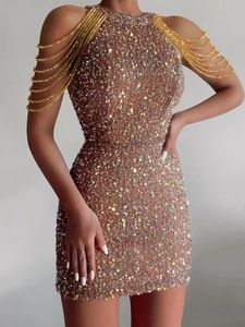 2023 Off rama złota cekinowa sukienka krótka impreza bodycon sukienka kobiet seksowna strój na bal maturalny