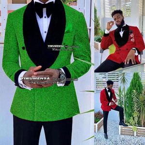 Herrar Glitter Green Black Lapel Coat Pant Design Senaste brudgummen Bröllopsmobor